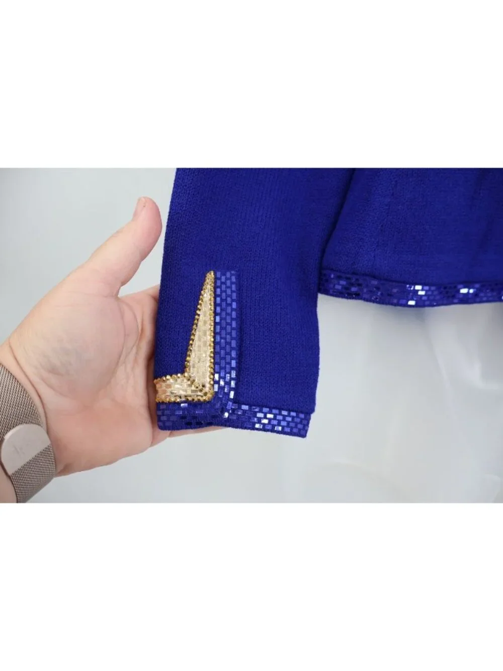 St. John Evening Blazer Size 2 Royal Blue Santana Knit Gold Sequin Trim Button - Picture 10 of 15